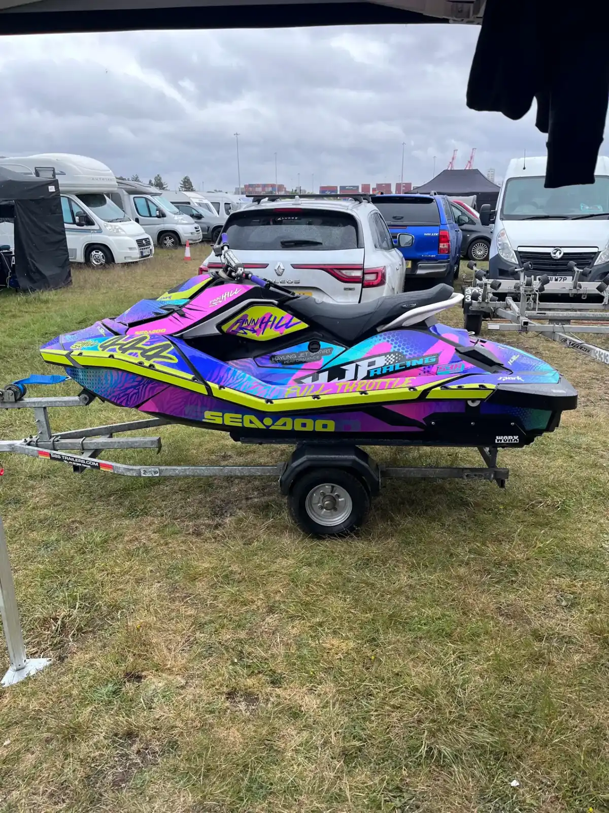 Side view of Finn Hill #444 Sea-Doo Spark race sticker kit on trailer