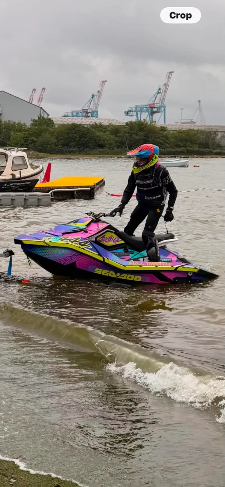 Finn Hill #444 Sea-Doo Spark neon pink and blue sticker kit launching into the water