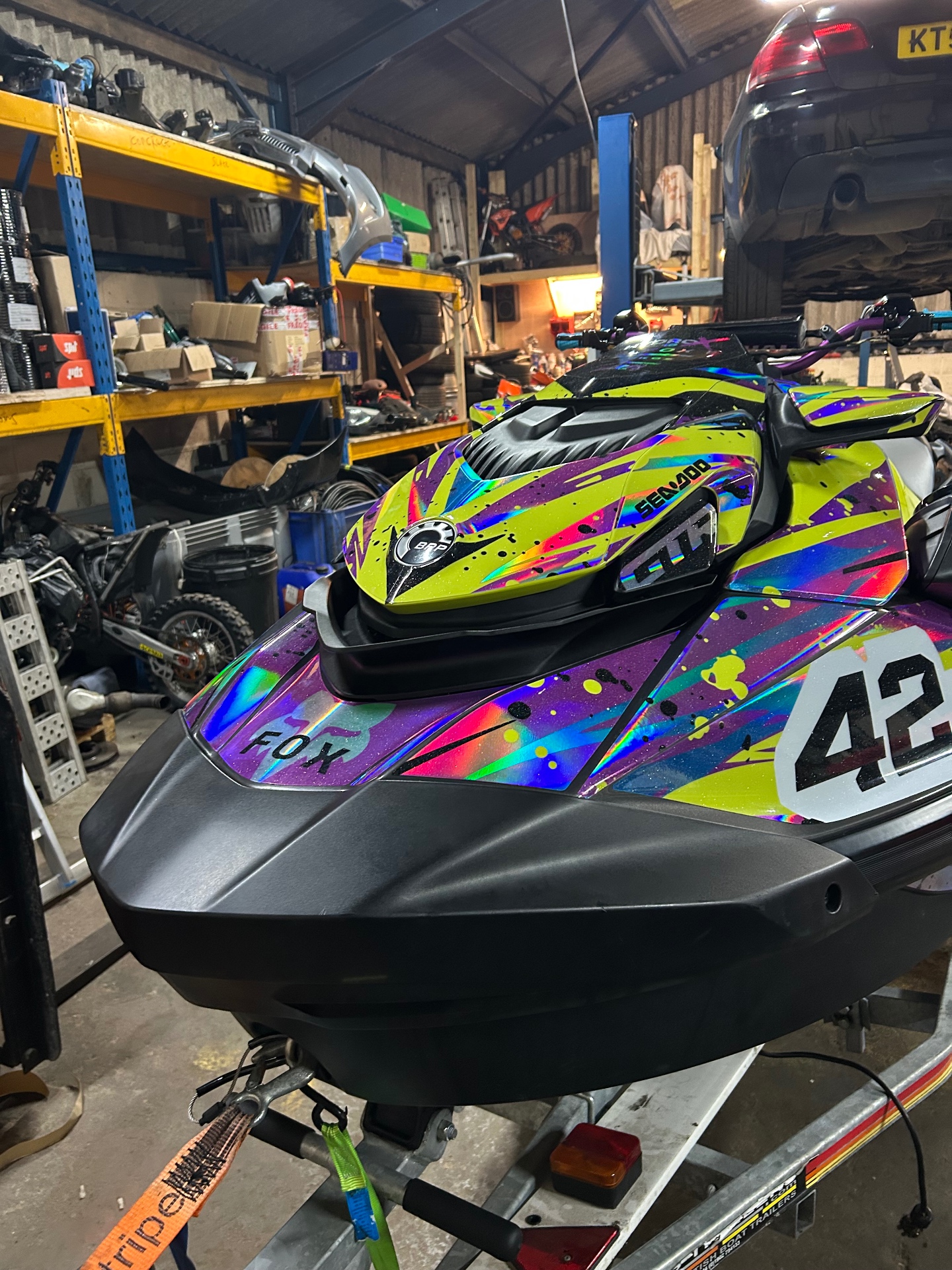 Custom Sea-Doo GTI holographic sticker kit with splatter design