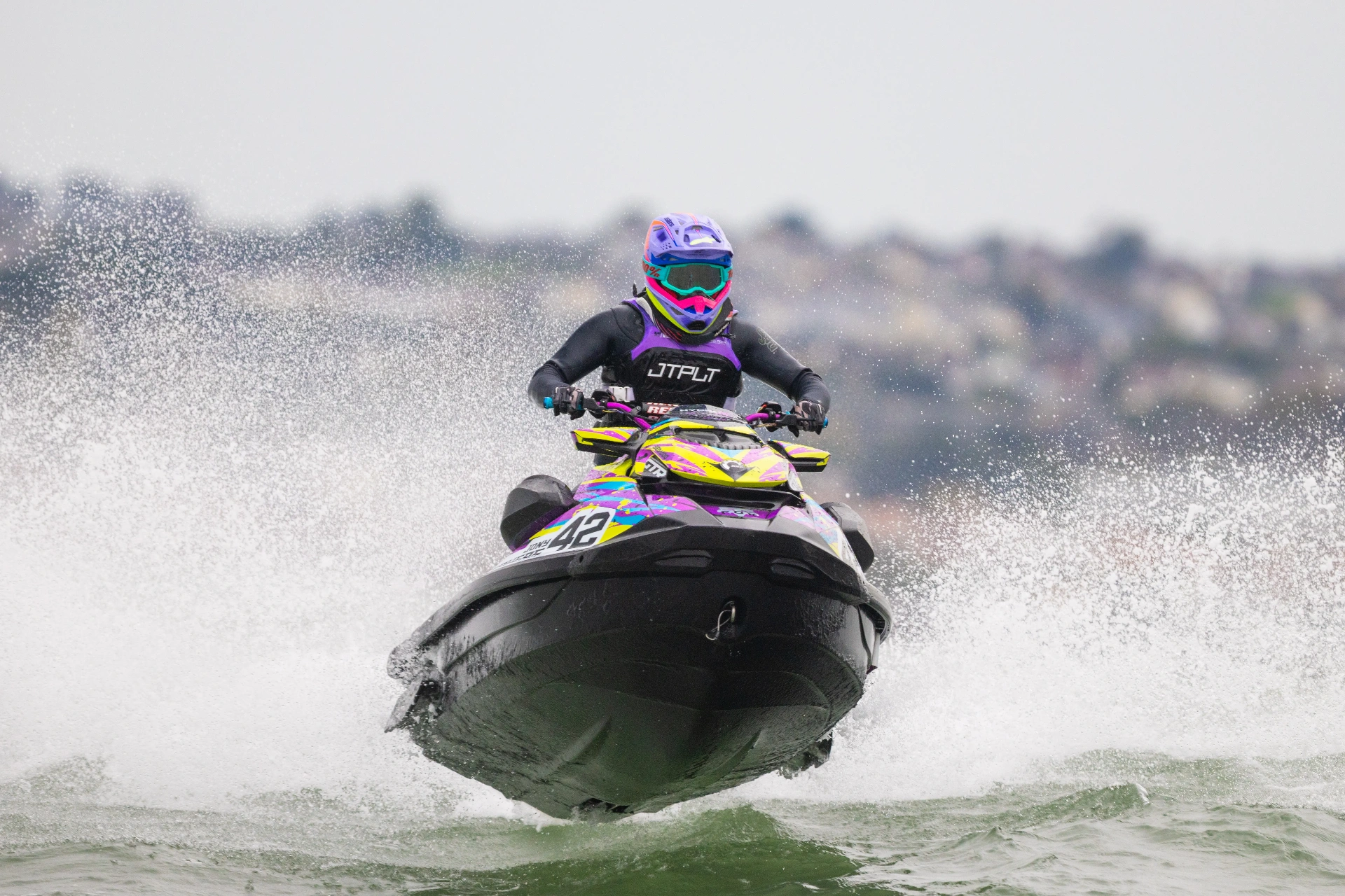 Jony Sayers #42 Sea-Doo GTR head-on race shot — neon splatter sticker kit